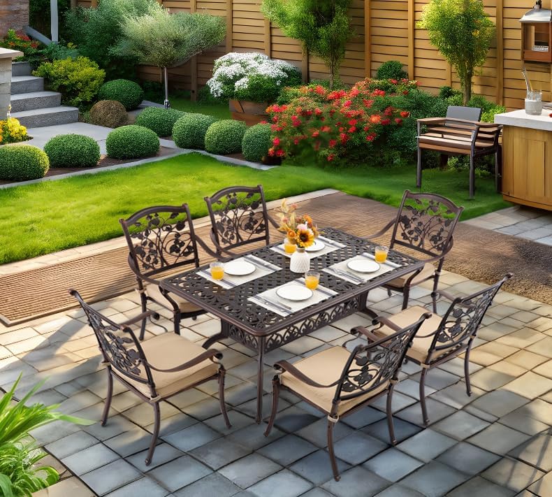 59” Patio Outdoor Dining Table for 6, Cast Aluminum Rectangle Patio Dining Table Weather Resistant with 2" Umbrella Hole for Patio Deck Garden (Copper, 59" Classic Table)