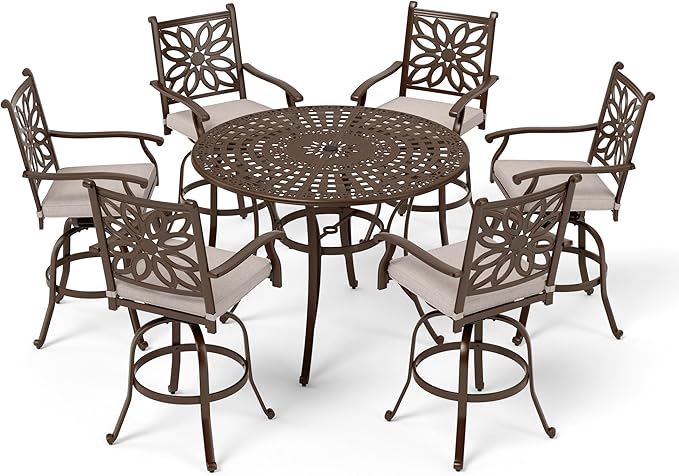 Sophia & William 7 Pieces Cast Aluminium Patio Bar Set for 6, Round Outdoor Bar Height Table and Swivel Bar Stools, Patio High Top Pub Set with Bar Counter Height Chairs and 2.2" Umbrella Hole