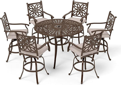 Sophia & William 7 Pieces Cast Aluminium Patio Bar Set for 6, Round Outdoor Bar Height Table and Swivel Bar Stools, Patio High Top Pub Set with Bar Counter Height Chairs and 2.2" Umbrella Hole