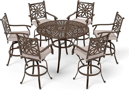 Sophia & William 7 Pieces Cast Aluminium Patio Bar Set for 6, Round Outdoor Bar Height Table and Swivel Bar Stools, Patio High Top Pub Set with Bar Counter Height Chairs and 2.2" Umbrella Hole