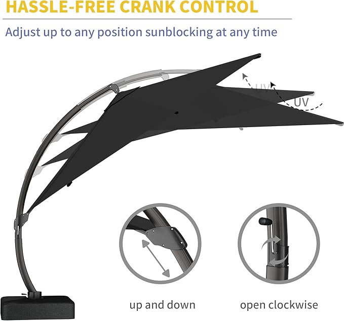 Kingdura 11ft Cantilever Patio Umbrella with Base Included, Large Round Offset Outdoor Pool Umbrella, 360° Rotation & Infinite Tilt, Heavy Duty Aluminum Frame for Deck Backyard, Black