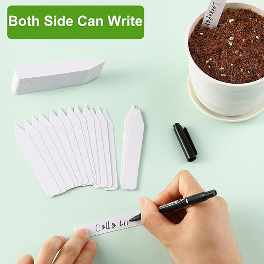 300 Pcs Plant Labels, 4 Inch Plastic Potted Plant Name Tags, Seedlings Seed Label Markers Nursery Plant Stake Tag with Bonus Marking Pen for Outdoor Indoor Garden Patio Flower Vegetable, White