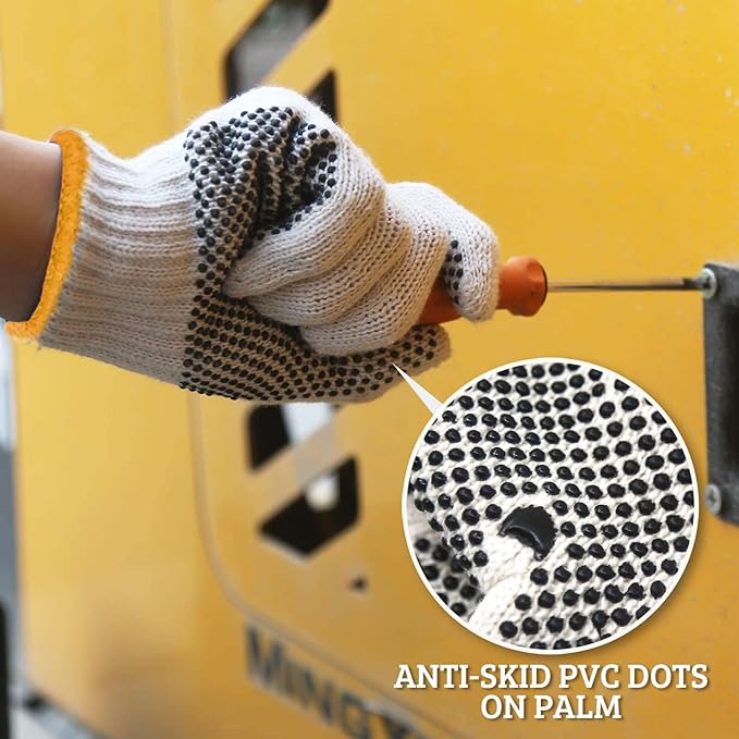 Evridwear Cotton Polyester String Knit Shell Safety Protection Work Gloves for Painter Mechanic Industrial Warehouse Gardening Construction Men & Women 12 Pairs, With One Side Dots, S Size