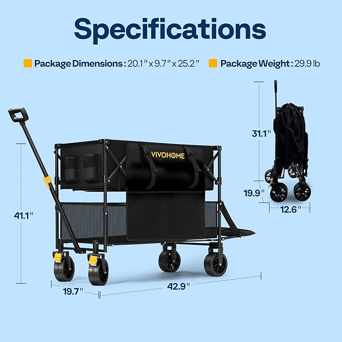 VIVOHOME 400L Large Capacity Double Decker Collapsible Wagon 500lbs Heavy Duty Utility Folding Cart with Big Wheels 53" Extended for Camping, Sports