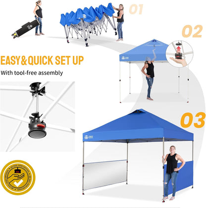 CROWN SHADES Canopy Tent, 10 x 10 Foot Portable Pop Up Outdoor Shelter with 2 Half Sidewalls, 1 Push Center Lock, UV Protection, and Carry Bag, Blue