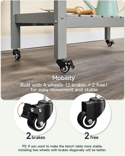 HDPS Outdoor Potting Bench with Sliding Tabletop/ 4 Wheels/Removable Sink, All-Weather Outside Garden Work Table, No Rust/Fade/Break, Potting Station for Porch, Patio & Backyard (Grey)
