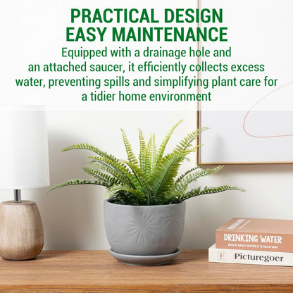 MyGift 7 Inch Grey Ceramic Plant Pot with Drainage Hole and Attached Saucer, Modern Decorative Embossed Sunburst Planter Container for Indoor Home Garden