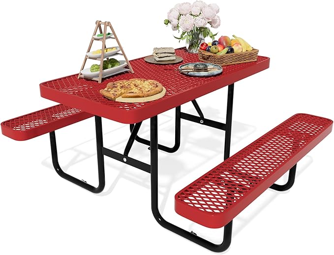 72'' Rectangular Metal Picnic Table for Outdoors,Heavy-Duty Portable Commercial Picnic Tables Bench Set with Umbrella Hole,School Canteen Table W/Seats - Patio Dining Furniture for Patio Garden