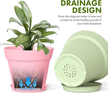 4 Inch Plastic Plant Pots with Drainage Holes and Trays – 8 Pack Small Nursery Pots for Indoor & Outdoor House Plants and Flowers, Seedling Starter Planters, Colorful