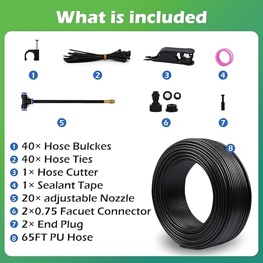 Drip Irrigation System 66 FT with 20 Nozzles, 360° Adjustable Bendable Garden Watering Misting System for Greenhouse, Yard, Lawn, Plant, Garden, 0.3 inch Hose