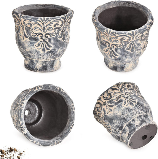 Sungmor 6.1 Inch Cement Plant Pot for Plants, Succulent Planter with Embossed Design, Vintage Concrete Flowerpots with Drainage Hole, Decorative Orchid Houseplant Pot Indoor Outdoor Plant Container