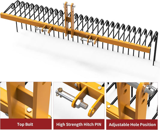 YITAMOTOR 72" Durable Powder Coated Steel Pine Straw Rake Steel Spring Landscape Rake Attaches to Cat-0 Cat-1,3 Point Hitch for Tractor, Yellow Black