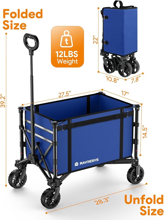 Collapsible Wagon Cart with Wheels 220lbs Foldable Wagon 120L Shopping Cart for Groceries Folding Utility Wagon for Beach, Garden, Camping, Sport, Wheelbarrows, Indigo
