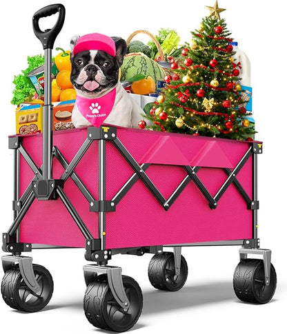 Beach Wagon,Collapsible-Wagon 220lbs with Big Wheels FoldableWagon Carts,Portable Utility for Garden Grocery Sports Camping All Terrain-Pink