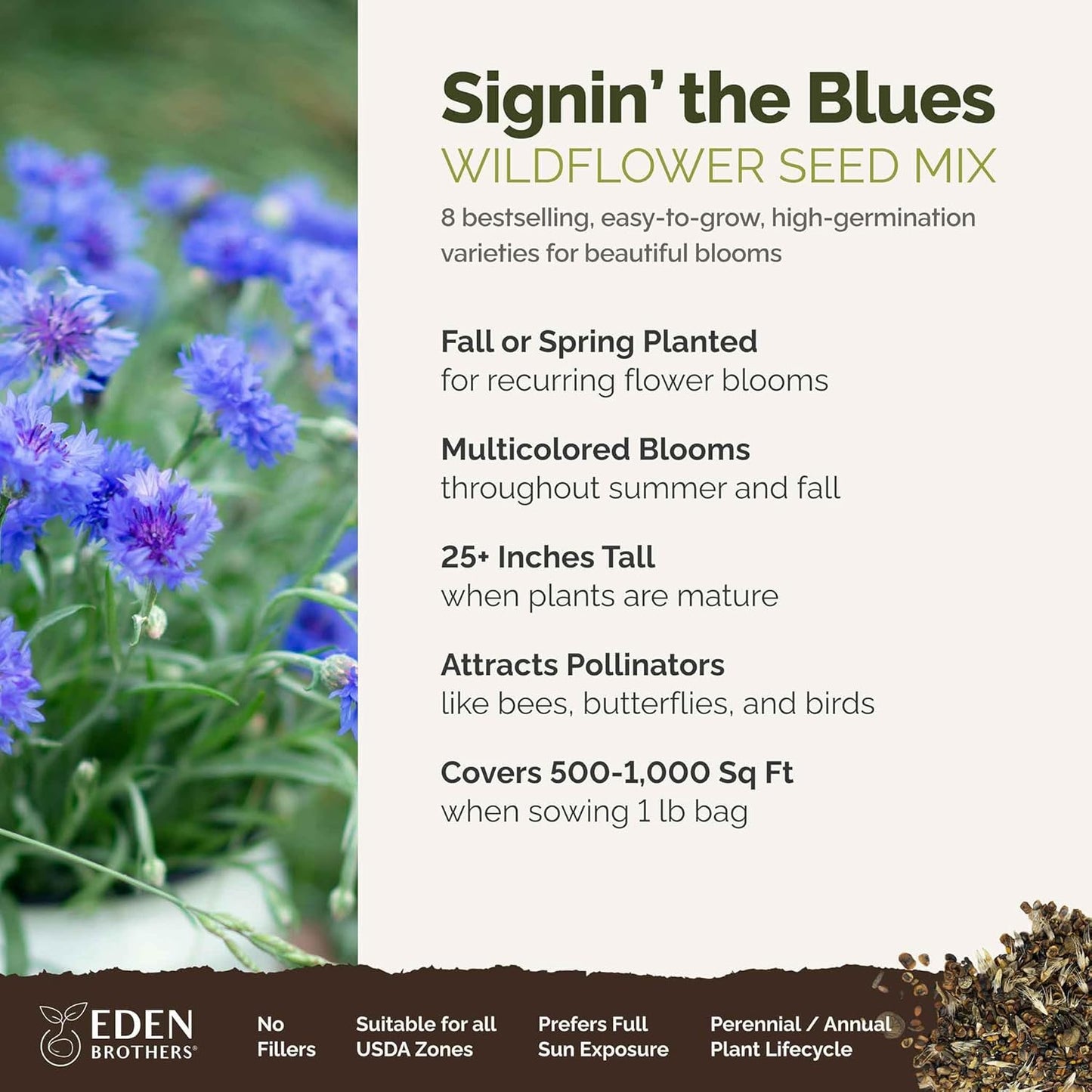 Eden Brothers Singin The Blues Wildflower Mixed Seeds for Planting, 1 lb, 480,000+ Seeds with Blue Flax, Lupine, Chicory | Attracts Pollinators, Plant in Spring or Fall, Zones 3, 4, 5, 6, 7, 8, 9, 10