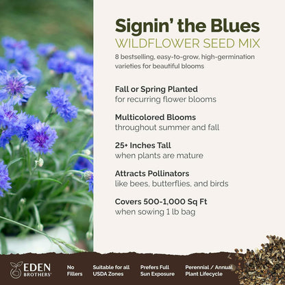 Eden Brothers Singin The Blues Wildflower Mixed Seeds for Planting, 1 lb, 480,000+ Seeds with Blue Flax, Lupine, Chicory | Attracts Pollinators, Plant in Spring or Fall, Zones 3, 4, 5, 6, 7, 8, 9, 10