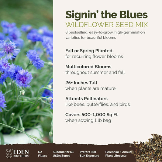 Eden Brothers Singin The Blues Wildflower Mixed Seeds for Planting, 1 lb, 480,000+ Seeds with Blue Flax, Lupine, Chicory | Attracts Pollinators, Plant in Spring or Fall, Zones 3, 4, 5, 6, 7, 8, 9, 10