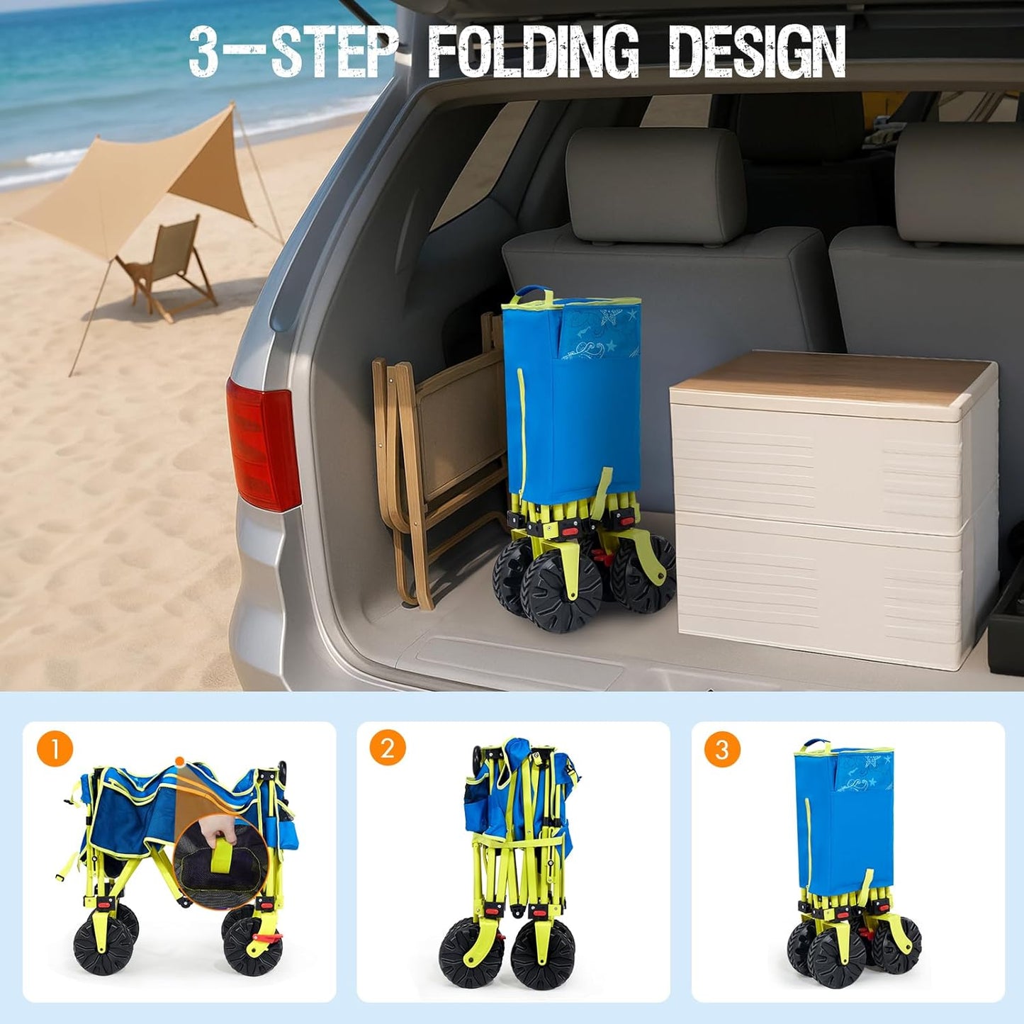 49" L Extra Long Beach Wagon with Tailgate,Big Wheels with Brake for Sand, Collapsible Utility Beach Cart Heavy Duty Folding Wagon,Ideal for Outdoor Sand Camping Garden Pet