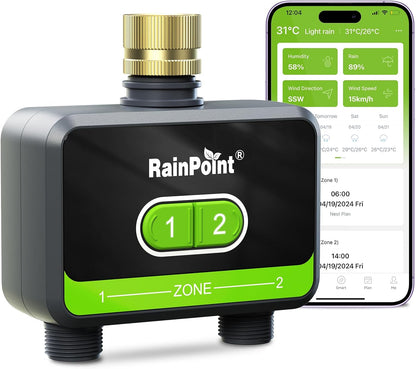 RAINPOINT Bluetooth Water Timer for Garden Hose, Smart Hose Timer 2 Outlet(Not Hub), Wireless Sprinkler Watering Timer with Rain Delay, Automatic Irrigation System for Lawns and Yard