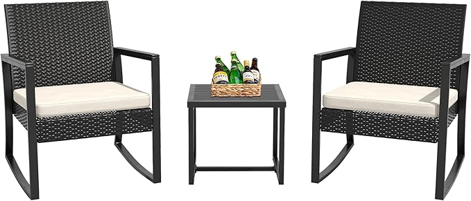 WWR 3 Pieces Outdoor Patio Furniture Set Rocking Wicker Rattan Chair Set Patio Bistro Conversation Set 3 Pcs with Coffee Table for Yard & Bistro (Sand)