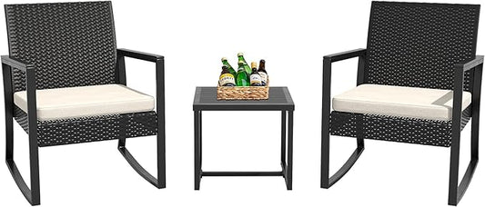 WWR 3 Pieces Outdoor Patio Furniture Set Rocking Wicker Rattan Chair Set Patio Bistro Conversation Set 3 Pcs with Coffee Table for Yard & Bistro (Sand)