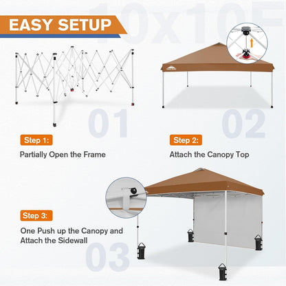 EAGLE PEAK Pop Up Canopy Tent with 1 Sidewall, Easy Setup Event Tent, Outdoor Sun Shade, Wheeled Carry Bag, Stakes and Guy Ropes, Instant Canopy 10x10, Khaki