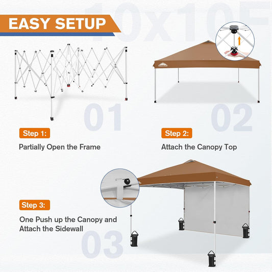 EAGLE PEAK Pop Up Canopy Tent with 1 Sidewall, Easy Setup Event Tent, Outdoor Sun Shade, Wheeled Carry Bag, Stakes and Guy Ropes, Instant Canopy 10x10, Khaki