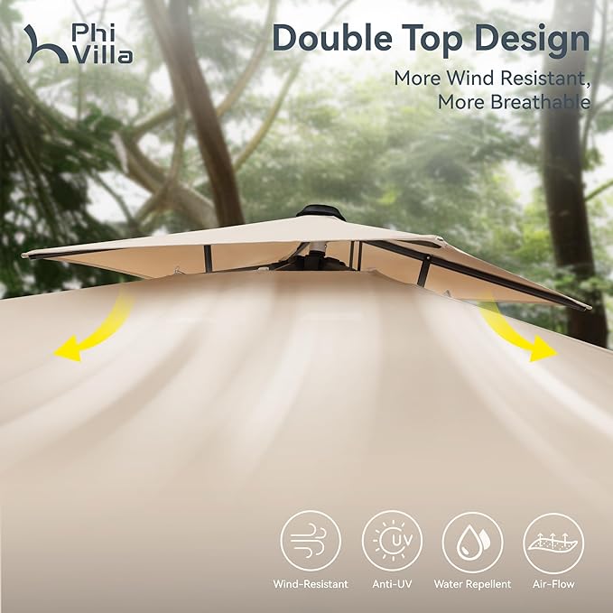 PHI VILLA 10ft Cantilever Patio Umbrella,Outdoor Large Square Umbrellas with 360°Rotation, Heavy Duty Hydraulic Double Umbrella Windproof for Outside, Pool, Deck, Garden, Porch, Beige(No Base)
