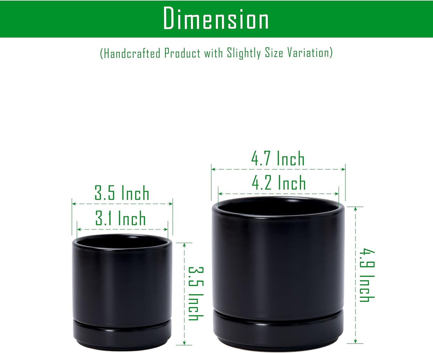 D'vine Dev 3.5 Inch & 4.7 Inch Ceramic Planter Pots for Plants with Drainage Hole and Saucer, X-Small Plant Pots Set, Black, 94-G-XS-2