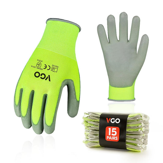 Vgo... 15-Pairs Safety Work Gloves, Gardening Gloves, Polyurethane Coated, Dipping Gloves, Latex Free (Size M, Yellow, PU2103)