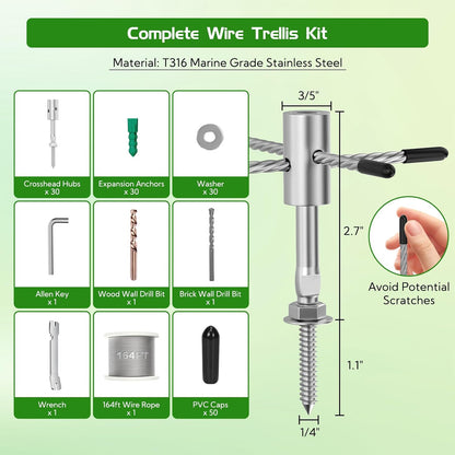 Trellis Wire for Climbing Plants Outdoor, 30 Set Wall Wire Trellis Kit with 1/8" x 164ft Stainless Steel Cable, T316 Espalier System Cable Trellis Kit with Adjustable Spacing Vines Green Wall