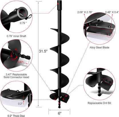 LONGRUN Post Hole Auger for Garden Fence Post, 6" x 31.5" Earth Auger Drill Bit, 0.79”(20mm) Inner Shaft Auger Bit for Planting Trees and Bedding, Bulbs, Seedlings, Gardening, Large Fencing Digger
