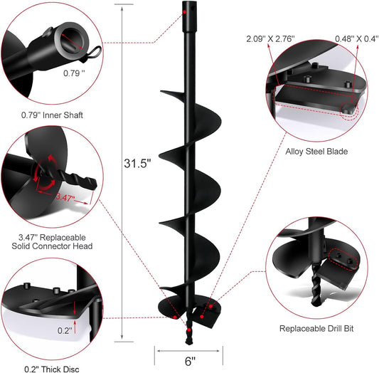 LONGRUN Post Hole Auger for Garden Fence Post, 6" x 31.5" Earth Auger Drill Bit, 0.79”(20mm) Inner Shaft Auger Bit for Planting Trees and Bedding, Bulbs, Seedlings, Gardening, Large Fencing Digger