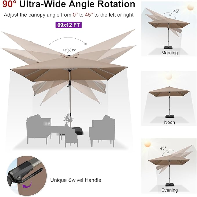 PURPLE LEAF 9' X 12' Left-right Tilting Patio Umbrella Outdoor Swivel Cantilever Umbrella Aluminum Offset Umbrella with Champagne Frame and 360-degree Rotation for Garden Deck Pool, Taupe