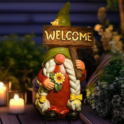22" Solar Large Gnome Lady Garden Statue Big Female Gnome with Welcome Sign Outdoor Decor with LED Lights Home Porch Yard Patio Lawn Ornament Christmas Housewarming Gardening Gift