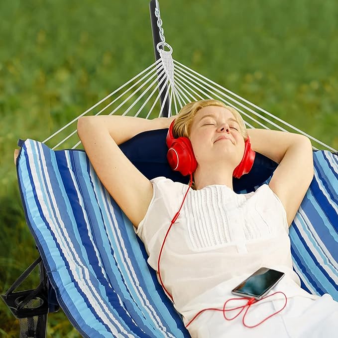 S AFSTAR 2 Person Hammock with Stand Included, Double Portable Hammocks with Cotton Mat, Pillow, Cup Holder, 450 LBS Load Capacity, Free Standing Hammock for Outside Patio Porch Backyard (Blue Stripe)