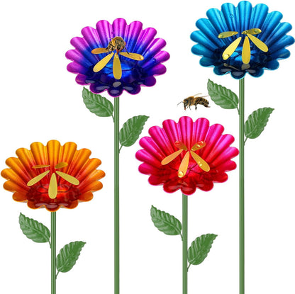 Geelin 4 Pack Bee Watering Station for Garden Metal Bee Water Cups with 5 Stamens Flower Design Water Feeder Colorful Butterfly Bath Bowl for Outdoor Garden Yard Pollinator Decor