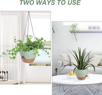Hanging Planters for Indoor Outdoor Plants, 2 Pack Self Watering Hanging Pot with Drainage Holes & Removable Tray (Green, 10'')