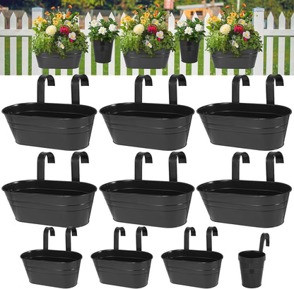3 Different Size Metal Iron Hanging Flower Pots 13 Pcs for Outdoor Plants Metal Hanging Bucket Pots Iron Railing Fence Planter with Drainage Holes and Hooks for Porch Railing Balcony Fence (Black)