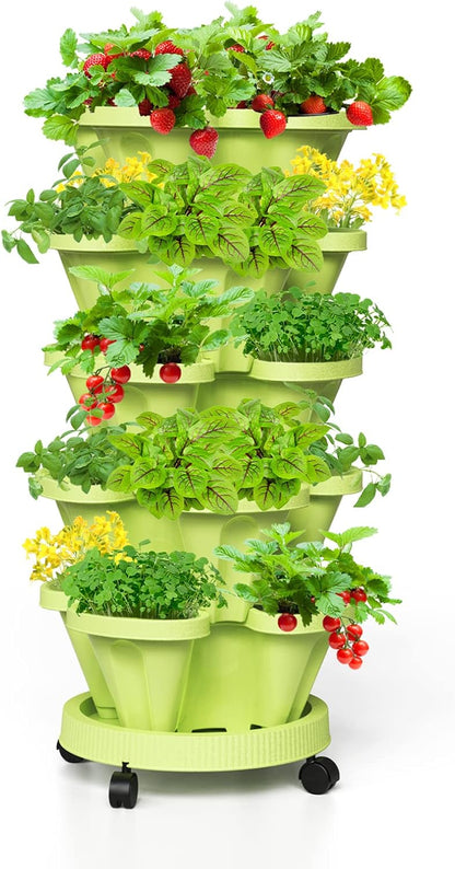 Strawberry Stacking Planters, Vertical Garden Tower, 5 Tiered Stackable Herb Vegetable Planters with Movable Casters and Bottom Saucer Indoor and Outdoor - Green