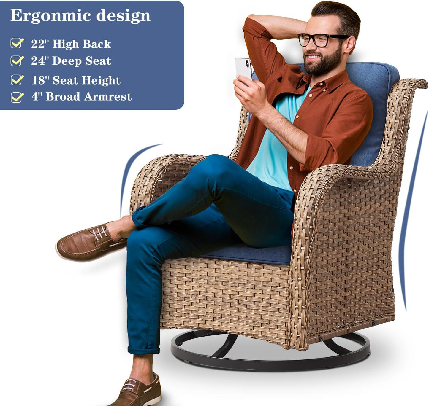 5 Pieces Patio Furniture Sets Wicker Outdoor Furniture, Rattan Patio Swivel Glider Chairs with 2 Ottoman and Glass Side Table, Yellow