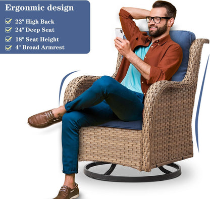 Outdoor Swivel Rocker Patio Chairs - 360 Degree Swivel Glider Seating 350LBS Weight Capacity Wicker Rocking Chairs Set of 2 with Removable Cushion for Porch Balcony Deck, Yellow/Blue