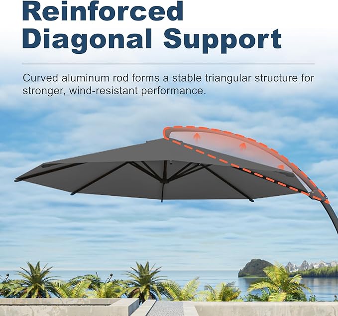12FT Cantilever Umbrella with Base Large Curvy Outdoor Aluminum Offset Umbrella w/ 360° Rotation, UV Resistant Canopy for Patio, Garden, Backyard, Grey