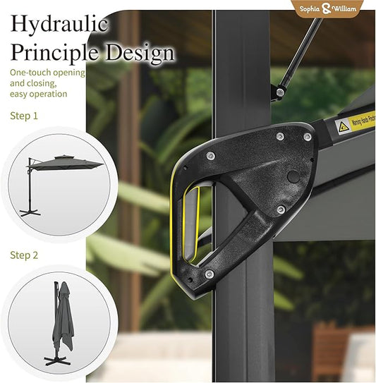 Sophia & William Cantilever Patio Umbrella 12ft, Offset Large Outdoor Umbrellas with 360°Rotation, Heavy Duty Hydraulic Double Umbrella for Garden Pool Backyard, Grey (no base)