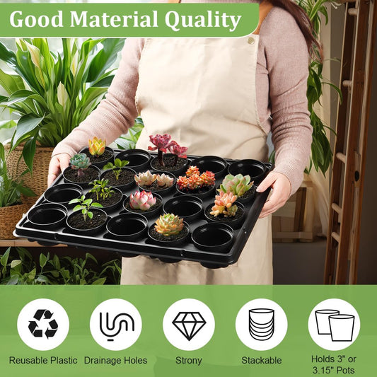3 Inch Plastic Plant Pots 100 Pcs with 5 Pcs 20 Cell Seed Starter Trays, Thick Black Small Nursery Pots and Propagation Shuttle Trays for Seed Starting, Plant Propagation Starter Kit 5 Sets