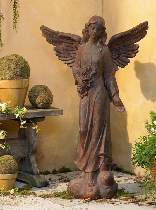 John Timberland Large Tall English Tudor Angel Garden Statue Sculpture Catholic Religious Holy Decor Outdoor Garden Front Porch Patio Yard Outside Home House Iron Rust Finish Resin 41 1/2" High