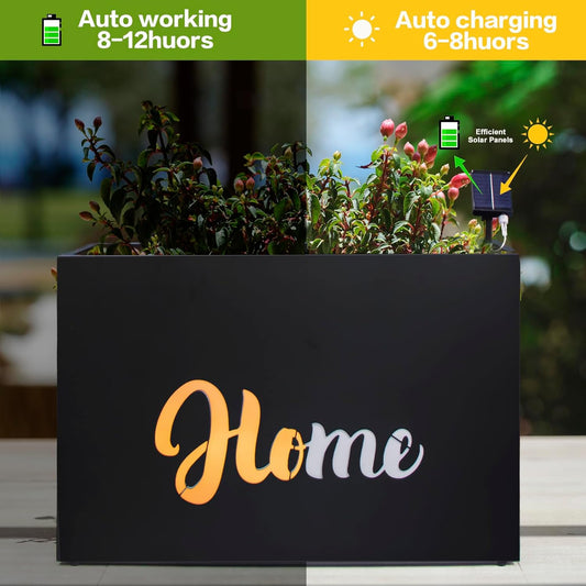 Metal LED Planter Box Rectangular Block - Galvanized Steel Long Planters Box with Solar Light Outdoor All-Weather Use with Drainage Holes for Cafe Bar Mall Patio/Porch/Entrance, 35.5×24×12IN（Home）