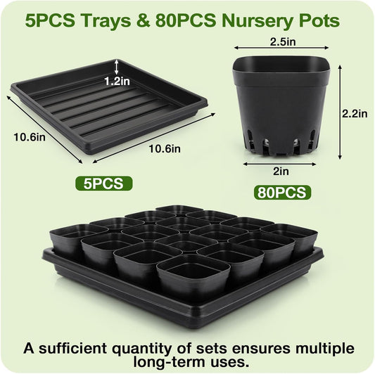80Pcs 2.5inch Square Nursery Pots with 5Pcs Seed Starting Trays, Seed Starter Tray Kit, Seeds Starting Germination, Seeding Pots with Drain Holes, Small Plant Nursery Propagation