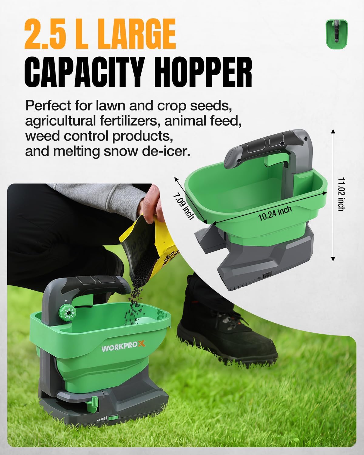 WORKPROX Battery Powered Fertilizer Spreader, 7.2V Seed Spreader for Salt, De-Icer, Earth Food, Rechargeable Grass Seed Spreader with 8-Level Settings and Holds up to 6458 sq.ft. of Product