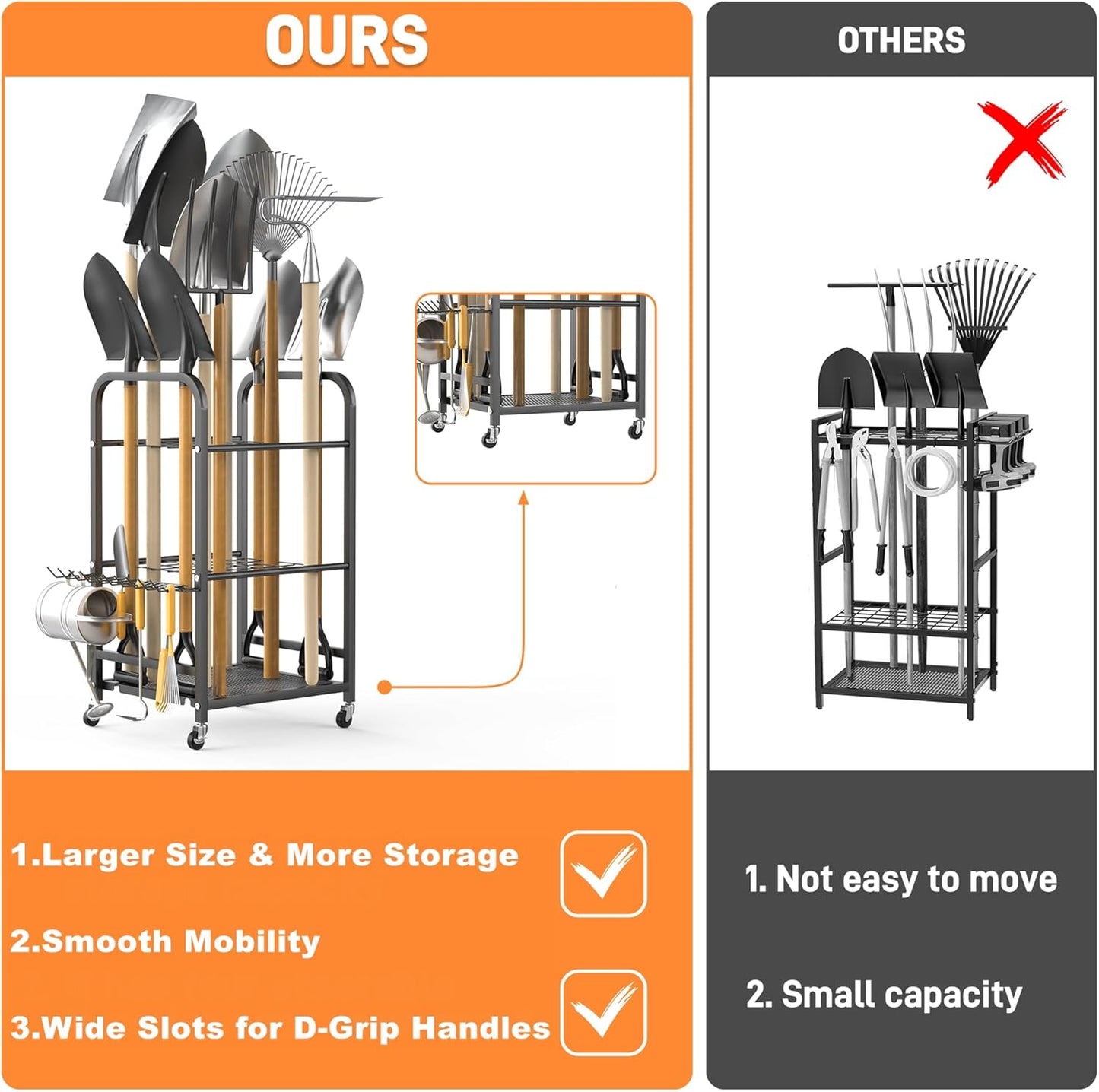 TORACK Garden Tool Organizer Stand with Wheels, Rakes Shovels Yard Tools Stand for Garage, Shed, Garden, Indoor/Outdoor Long-Handled Tools Cart